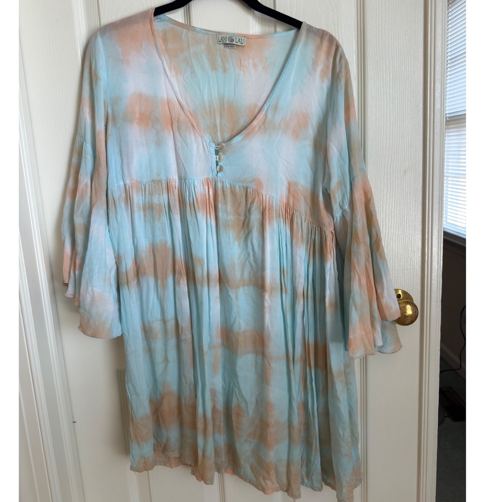 Lani Lau Cool Water Tie Dye Bell Sleeve Tunic Dress Blue Orange Women S/M